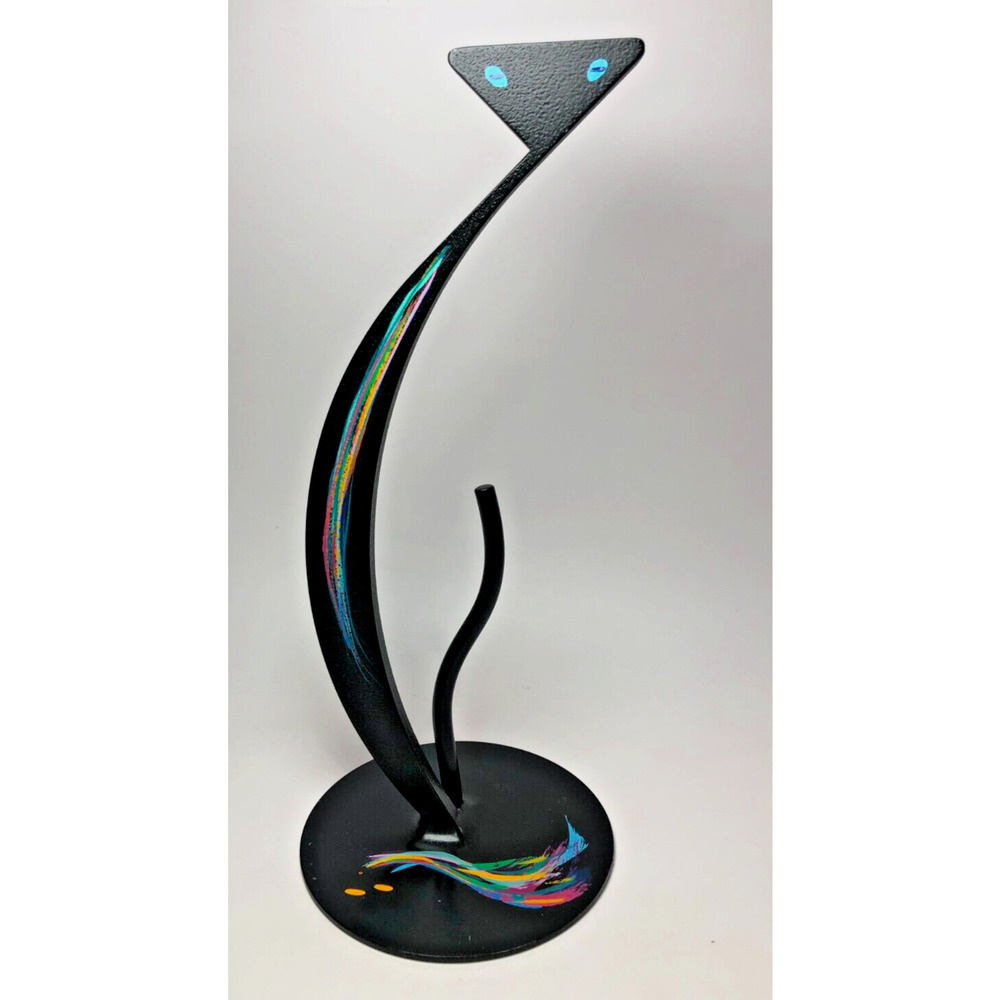 Signed J Hunter 14" Metal Black Cat Art Sculpture Standing Figurine Handmade MCM